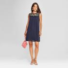 Women's Sleeveless Embroidered Yoke Shift Dress - Lux Ii - Navy