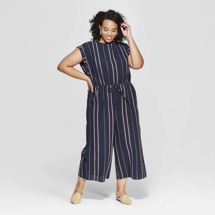 Women's Plus Size Striped Short Sleeve Jumpsuit - Universal Thread Navy