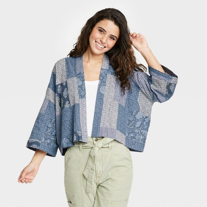 Women's Patchwork Cropped Kimono Jacket - Universal Thread Navy
