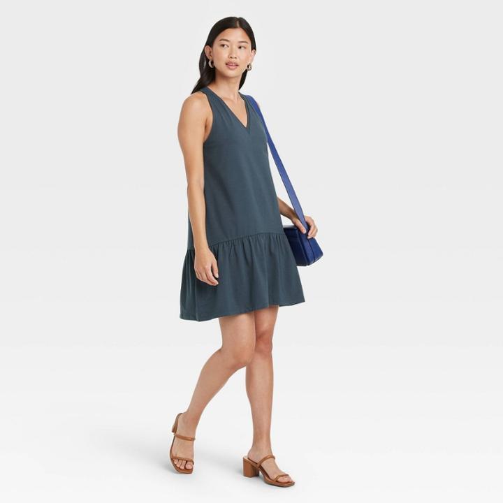 Women's Sleeveless Ruffle Hem Knit Dress - A New Day Navy