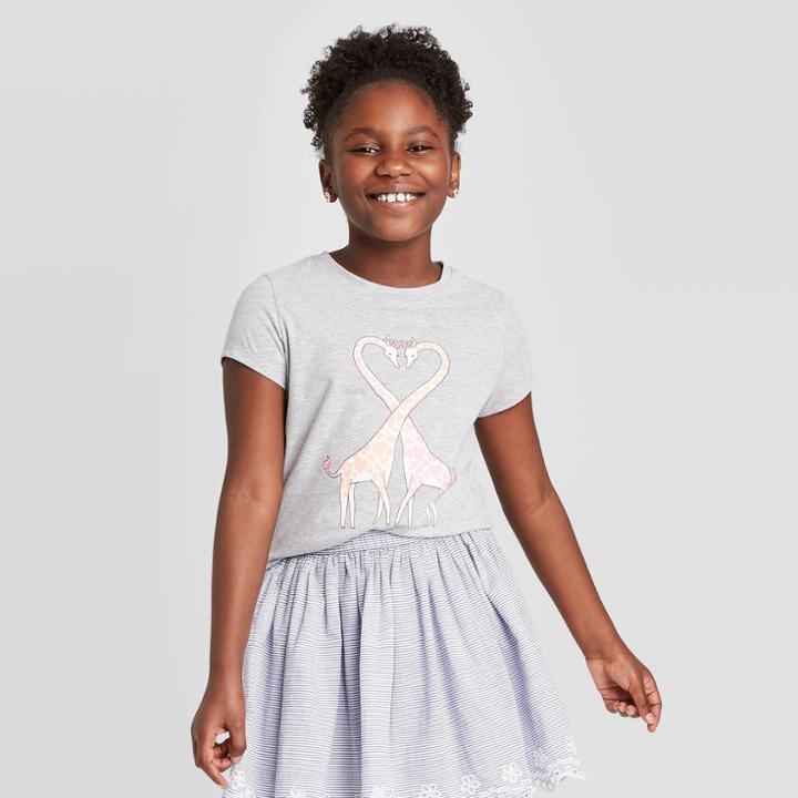 Petitegirls' Short Sleeve Giraffe Heart Graphic T-shirt - Cat & Jack Heather Gray