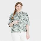 Women's Plus Size Puff Short Sleeve Tie Neck Blouse - Universal Thread Mint Green Floral