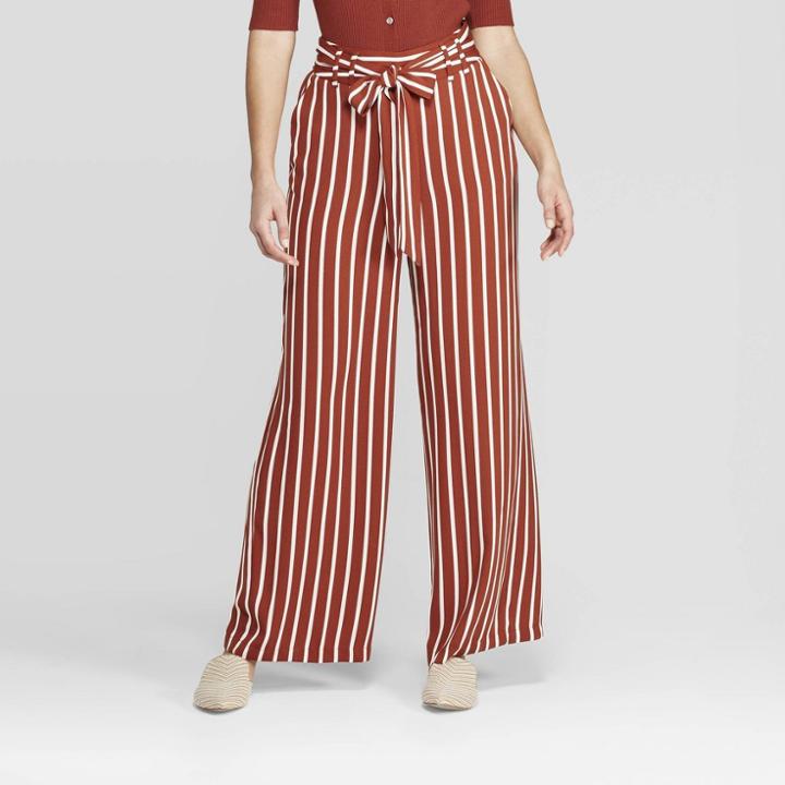 Women's Striped Regular Fit High-rise Tie Waist Wide Leg Pants - A New Day Rust