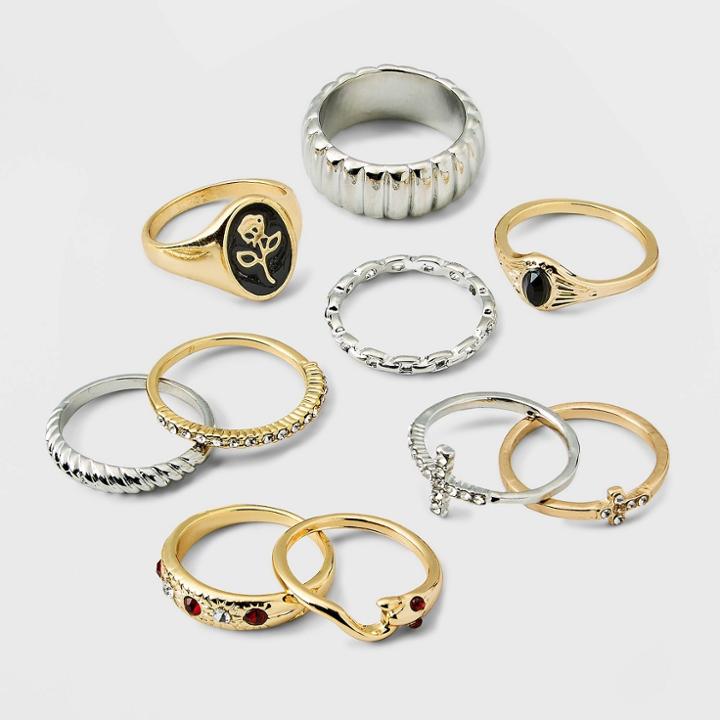 Textured Rose And Cross Ring Set 10pc - Wild Fable Gold