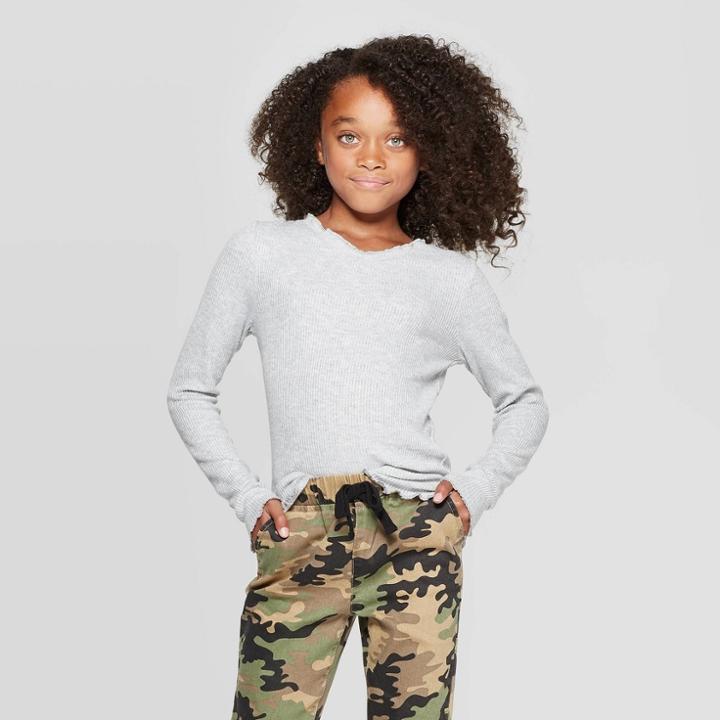 Girls' Long Sleeve Lettuce Edge V-neck T-shirt - Art Class Gray L, Girl's,