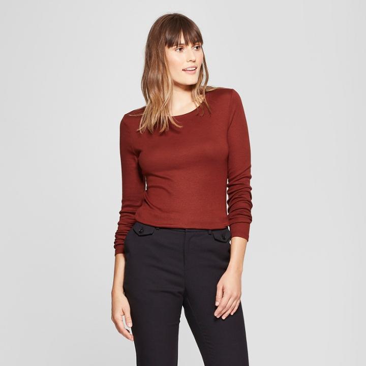 Women's Fitted Long Sleeve Crew T-shirt - A New Day Brown