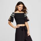 Women's Floral Print Elbow Sleeve Embroidered Off The Shoulder Top - Xhilaration Black