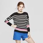 Women's Striped Long Sleeve Crewneck Pullover Sweater - A New Day Black/white Pink M, Black/white/pink