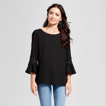 Women's 3/4 Sleeve Blouse With Crochet Detail - Zac & Rachel Black