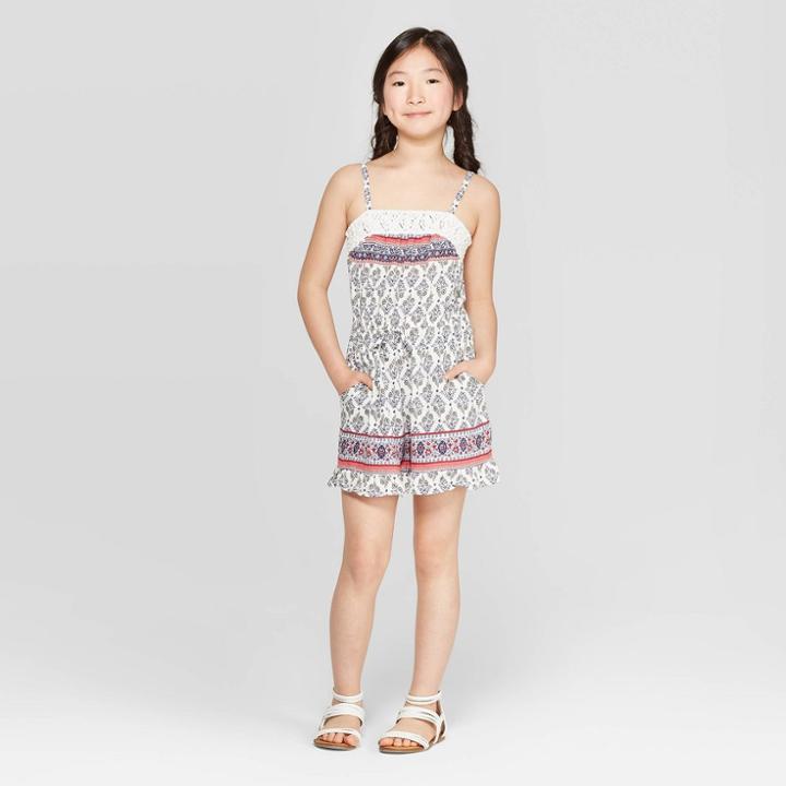 Girls' Romper With Crochet Piecing - Art Class White