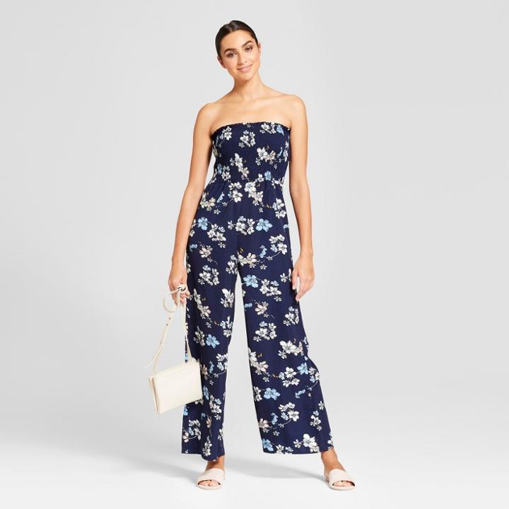 Women's Floral Print Strapless Jumpsuit - Needlework Navy