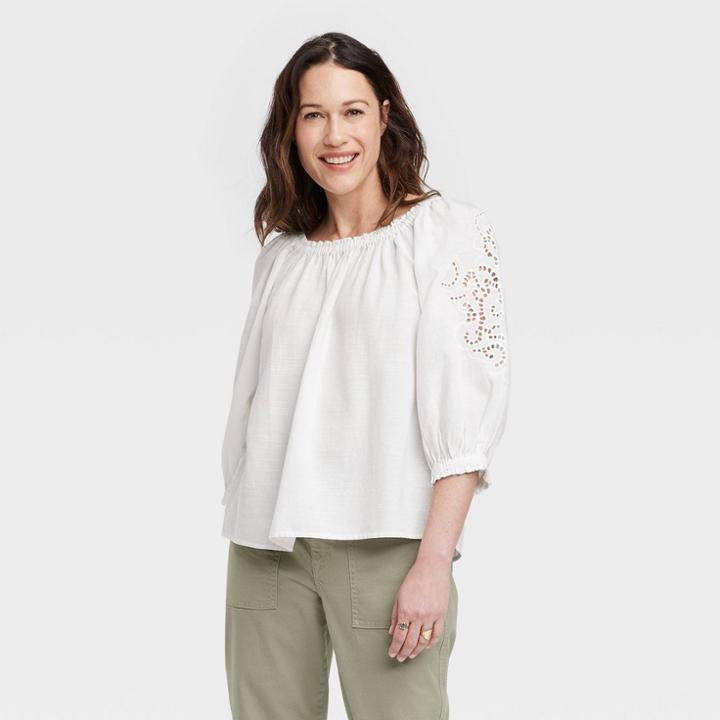 Women's Bishop 3/4 Sleeve Embroidered Top - Knox Rose Light Off-white