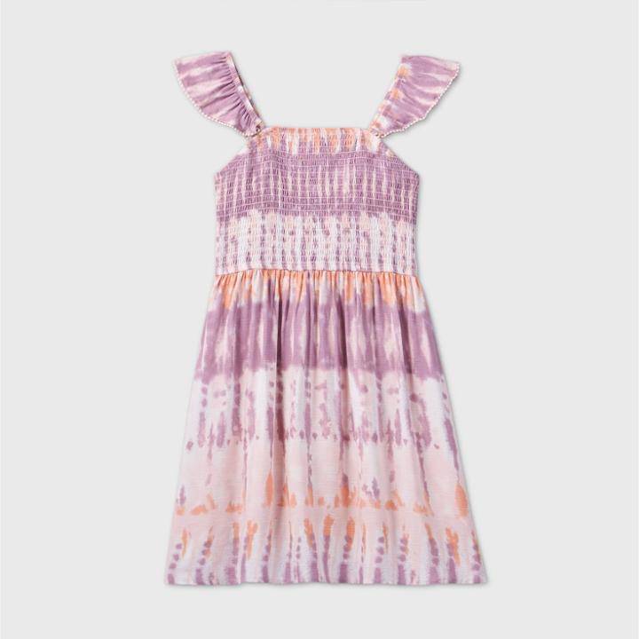 Girls' Tie-dye Flutter Sleeve Smocked Dress - Art Class Pink