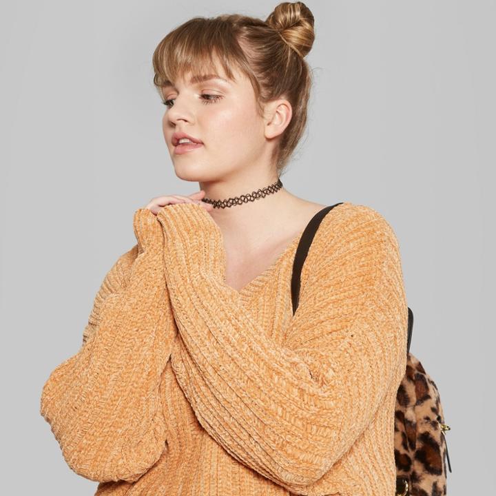Women's Plus Size Chenille V-neck Pullover - Wild Fable Gold