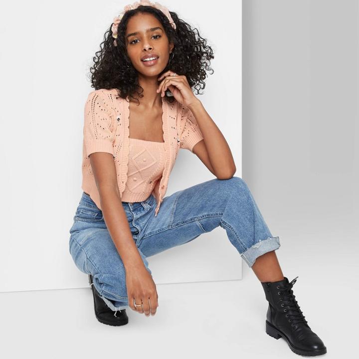 Women's Short Sleeve Floral Embroidered Cropped Cardigan - Wild Fable Dusty Peach