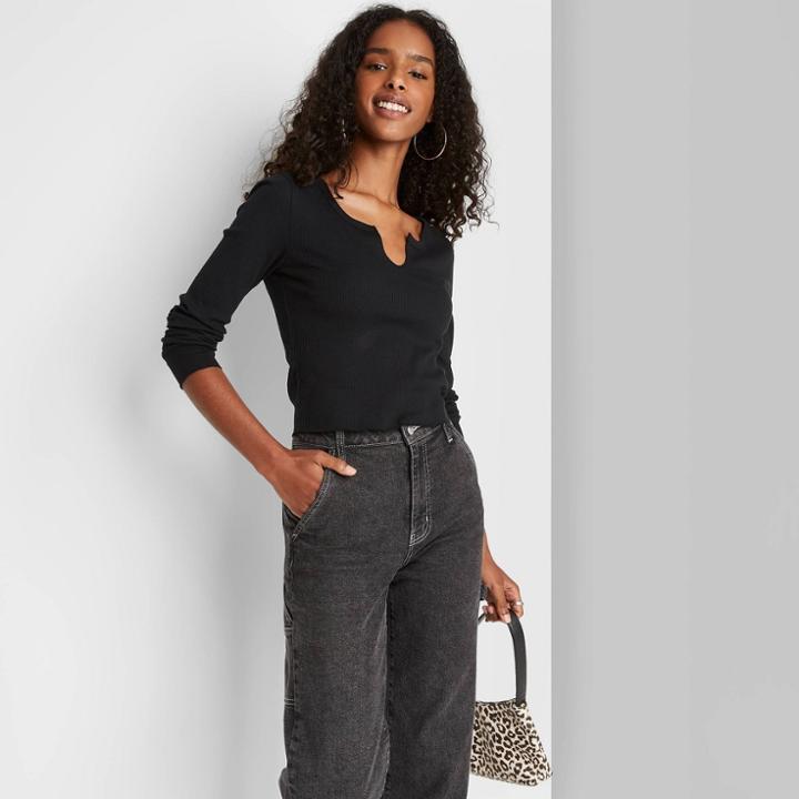 Women's Long Sleeve Notch Front Baby T-shirt - Wild Fable Black