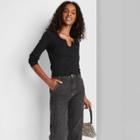 Women's Long Sleeve Notch Front Baby T-shirt - Wild Fable Black