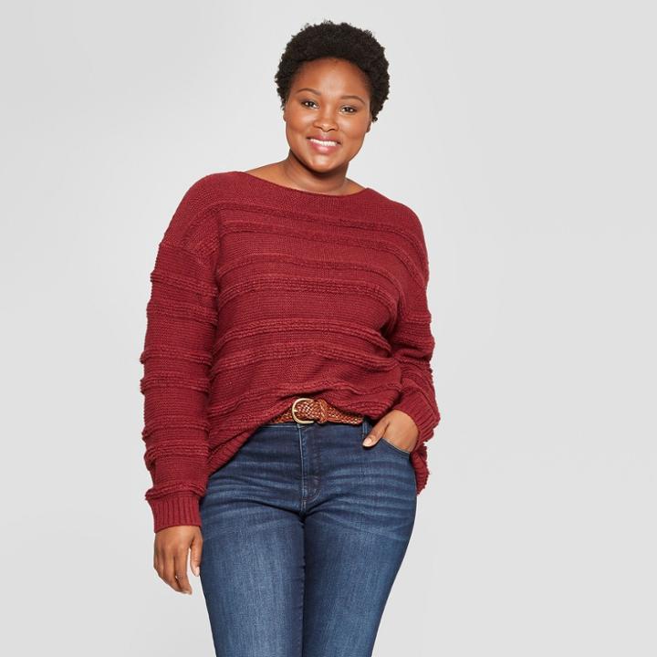Women's Plus Size Striped Long Sleeve Boucle Pullover Sweater - Universal Thread Red