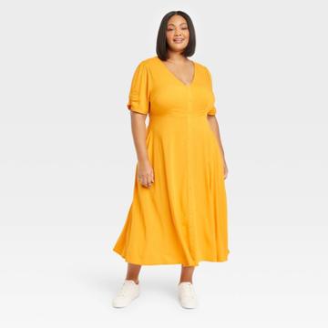 Women's Short Sleeve Button-front Shirtdress - Ava & Viv Mango Orange