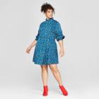 Women's Plus Size Polka Dot Long Sleeve Mock Neck Button Detail Mini Dress - Who What Wear Blue/black