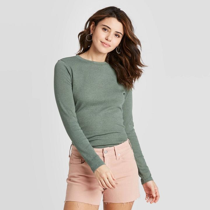 Women's Long Sleeve Crewneck Layering T-shirt - Universal Thread Green M, Women's,