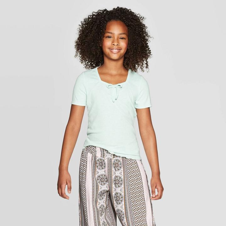 Girls' Rib Cinched Front T-shirt - Art Class Green