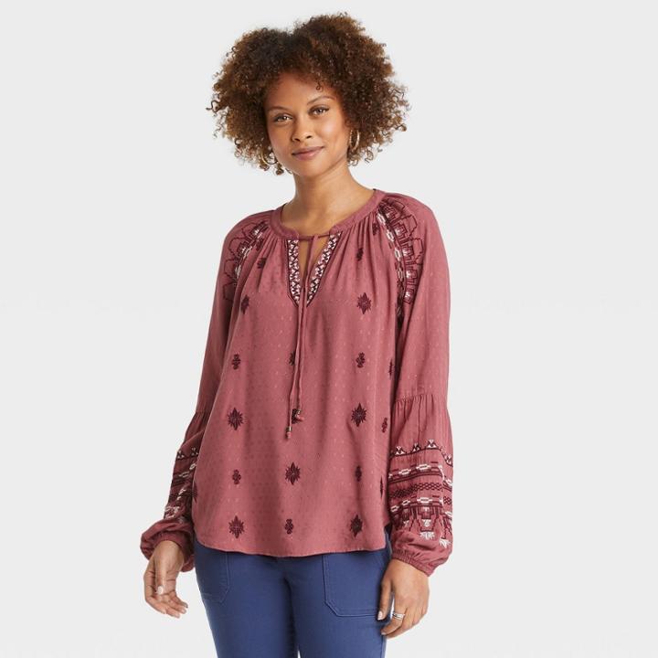 Women's Raglan Long Sleeve Embroidered Peasant Top - Knox Rose Pink Ikat Print