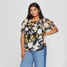 Women's Plus Size Floral Print Short Sleeve Puff Shoulder Smocked Top - Who What Wear White/black 3x, White/black Floral