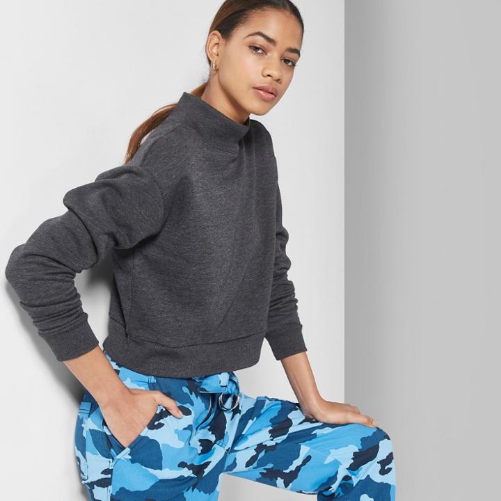 Women's Cropped Mock Neck Fleece Pullover - Wild Fable Charcoal