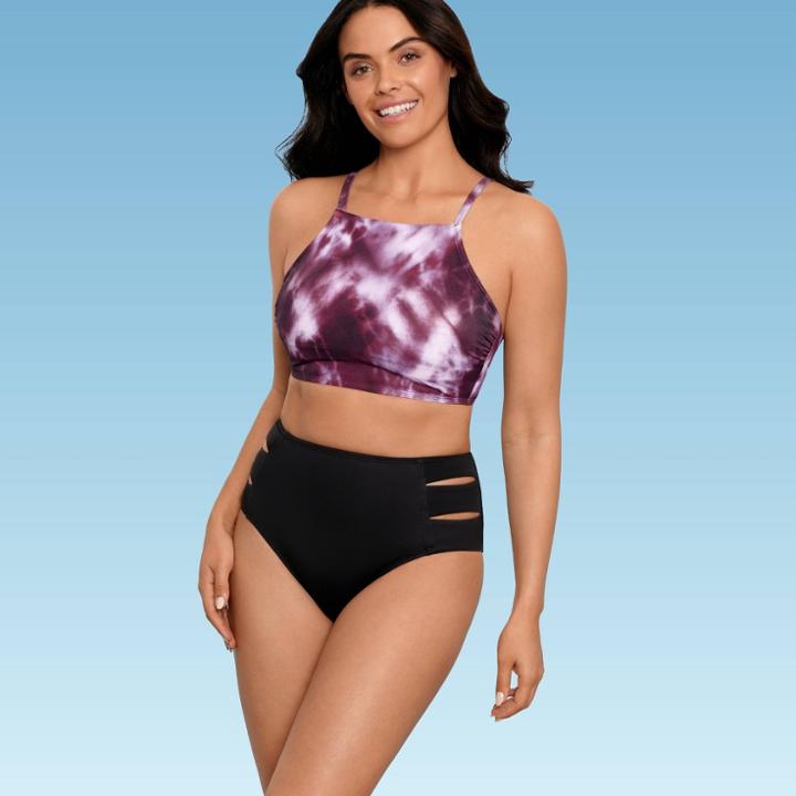 Women's Slimming Control High Neck Lace-up Back Bikini Top - Beach Betty By Miracle Brands Purple