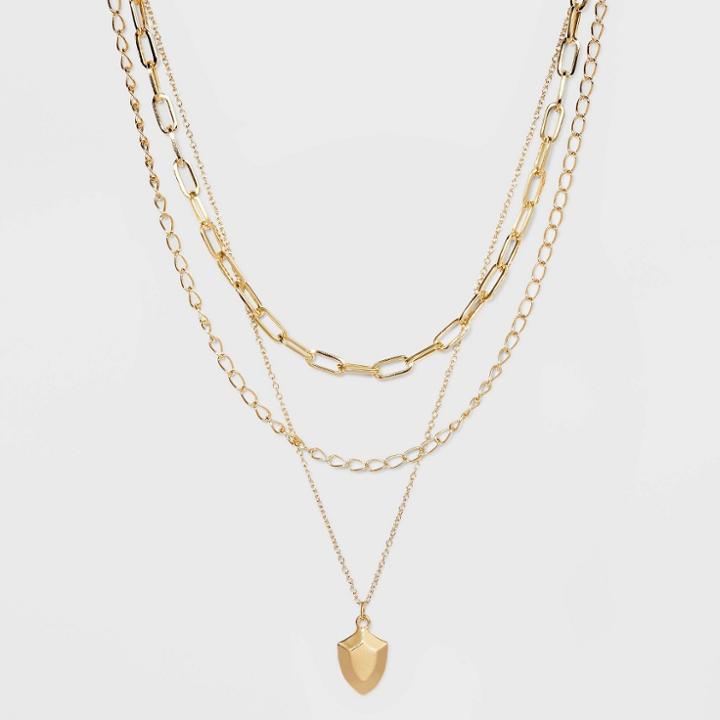 Multi-strand Shield Pendant Chain Necklace - A New Day Gold