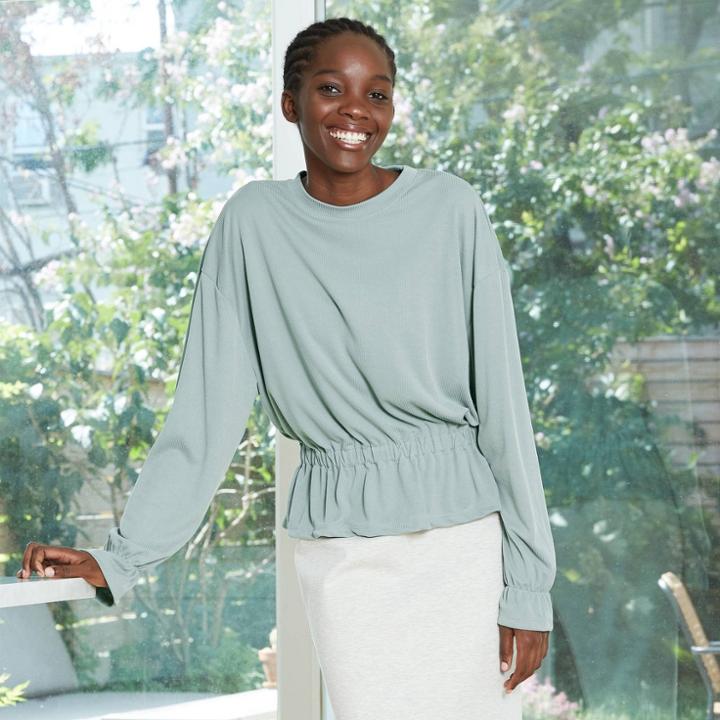 Women's Long Sleeve Sandwash Smocked Top - A New Day Blue