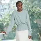 Women's Long Sleeve Sandwash Smocked Top - A New Day Blue