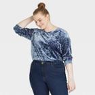 Women's Plus Size Long Sleeve Velvet Cropped Top - Ava & Viv Blue