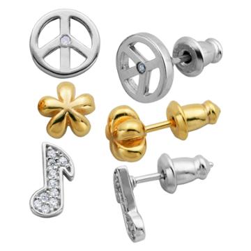 Lulabelle Girls' 3 Piece Cz Music Note, Flower, & Peace Stud Earring
