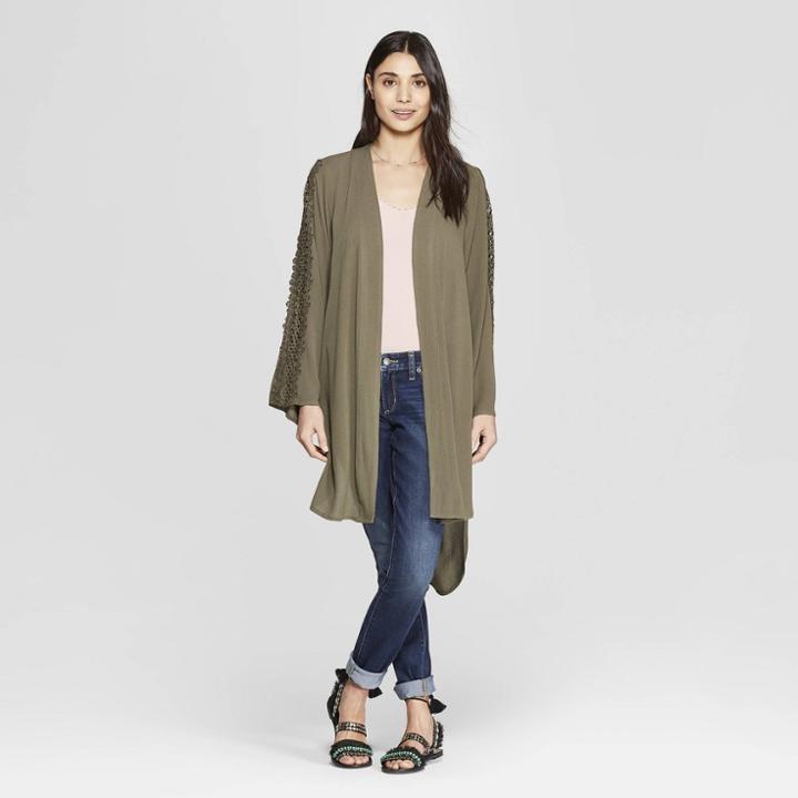Women's Long Sleeve Crochet Kimono Jacket - Knox Rose Olive