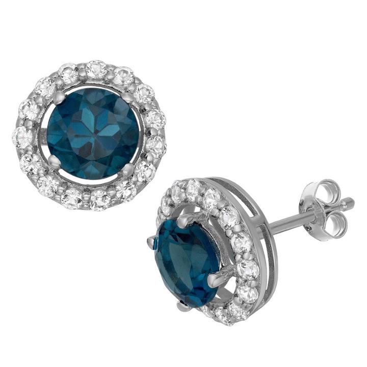 Tiara 6mm Round-cut London Blue Topaz Halo Earrings In Sterling