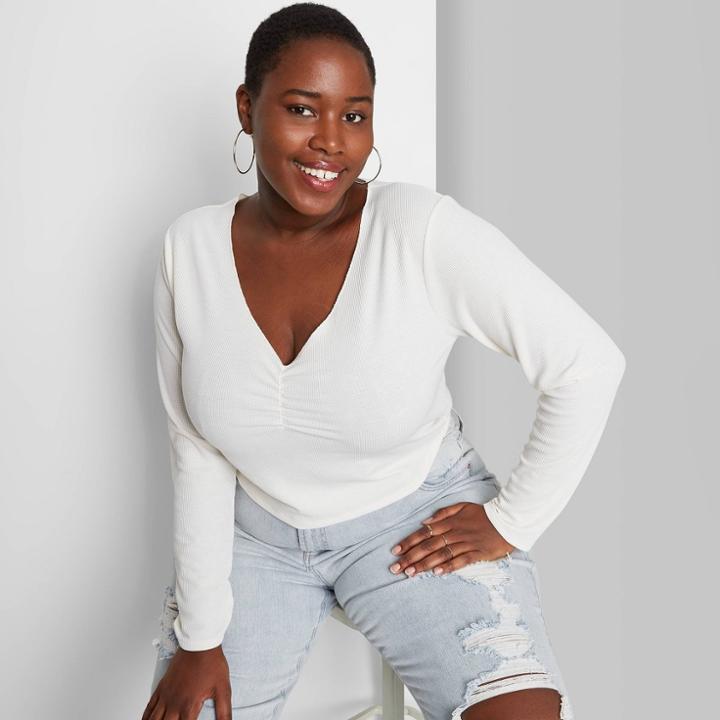 Women's Plus Size Long Sleeve V-neck Ruched Thermal Baby T-shirt - Wild Fable Cream