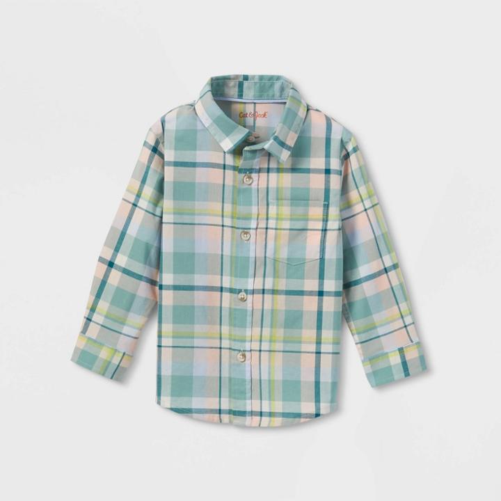 Toddler Boys' Plaid Poplin Long Sleeve Button-down Shirt - Cat & Jack 12m,