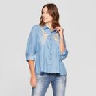 Women's Floral Print Roll Tab Long Sleeve Embroidered Hi Lo Hem Top - Knox Rose Blue