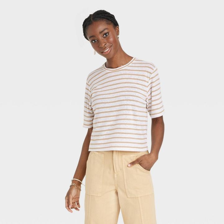 Women's Linen Boxy Short-sleeve T-shirt - Universal Thread Tan