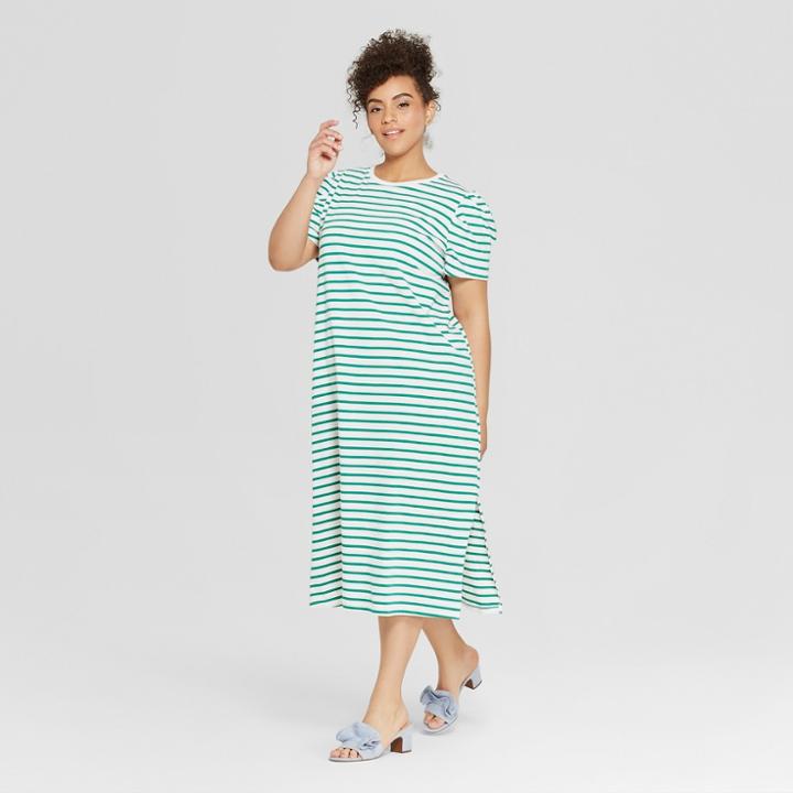 Women's Plus Size Striped Short Pleat Sleeve Midi T-shirt Dress - Who What Wear Green/white 4x, Green/white