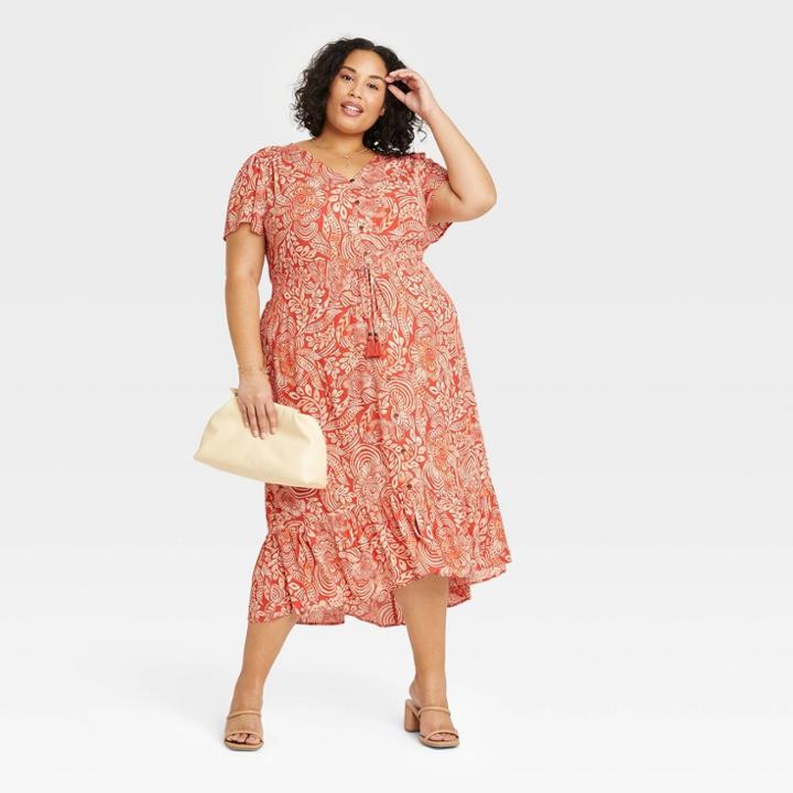 Women's Plus Size Flutter Short Sleeve Smocked Detail Dress - Knox Rose Copper Floral 1x, Brown Floral