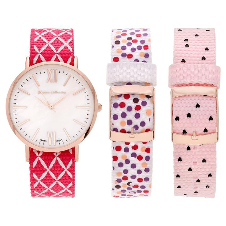 Women's Journee Collection Round Face Interchangeable And Reversible 3 Nylon Strap Watch Set - Rose Gold