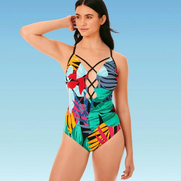 Women's Slimming Control Lace-up Keyhole One Piece Swimsuit - Beach Betty By Miracle Brands Multi Tropical S, Women's, Size: Small,