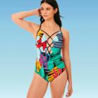 Women's Slimming Control Lace-up Keyhole One Piece Swimsuit - Beach Betty By Miracle Brands Multi Tropical S, Women's, Size: Small,