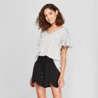 Women's Striped Ruffle Sleeve T-shirt - A New Day Gray/white