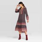Women's Printed Long Sleeve V-neck Midi Dress With Tassles - Knox Rose Black