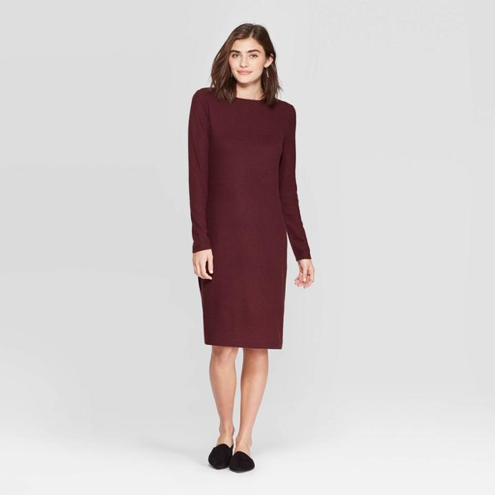 Women's Long Sleeve Crewneck Rib Knit Dress - A New Day Rose S, Women's, Size:
