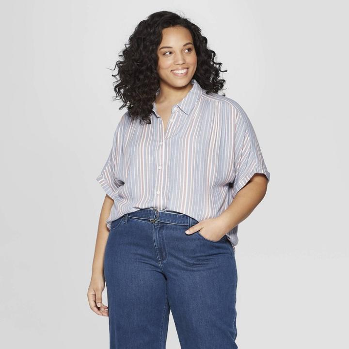 Women's Plus Size Striped Short Sleeve Camp Shirt - Universal Thread Blue